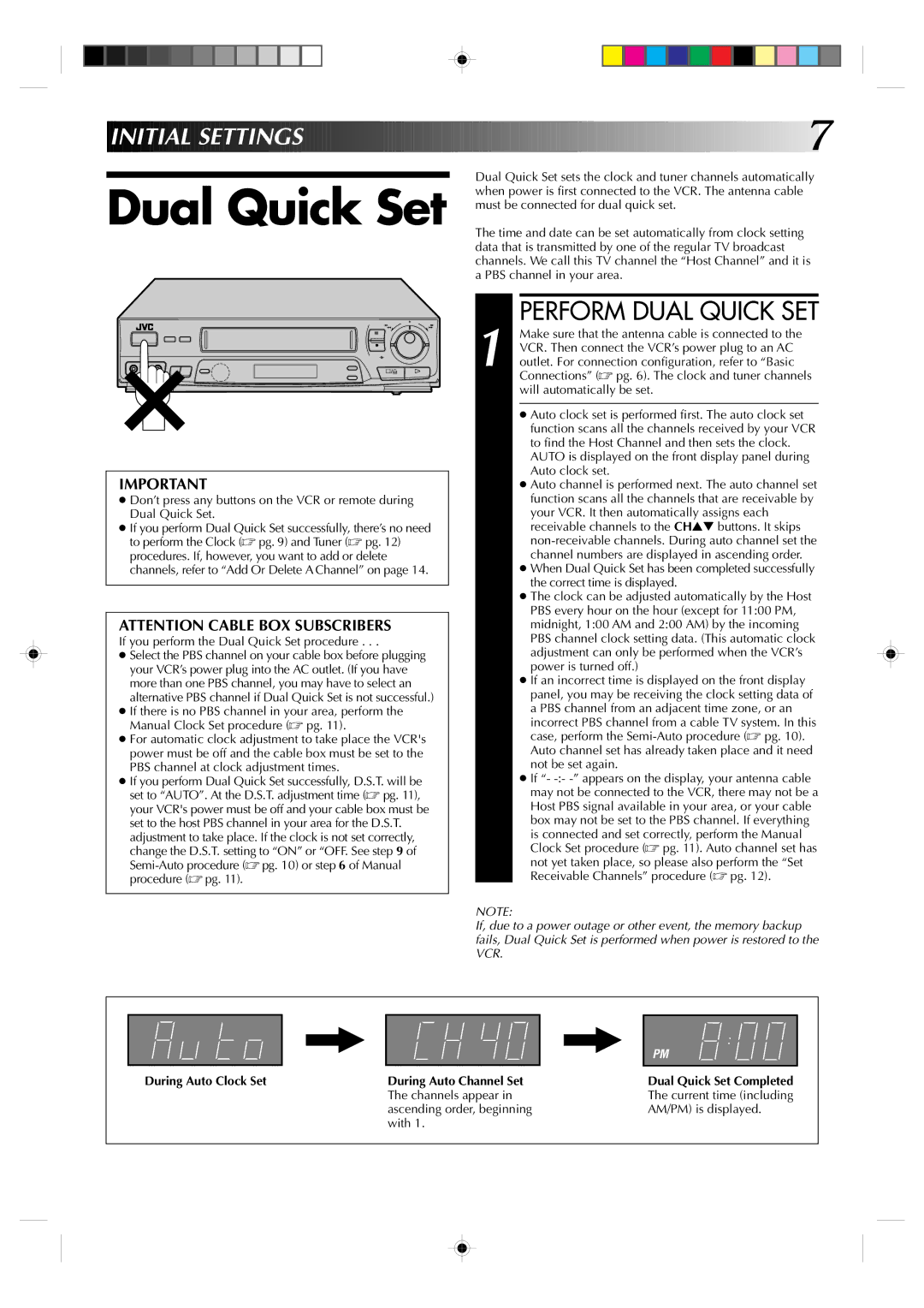 JVC HR-VP638U manual Dual Quick Set, Perform Dual Quick SET, During Auto Clock Set 