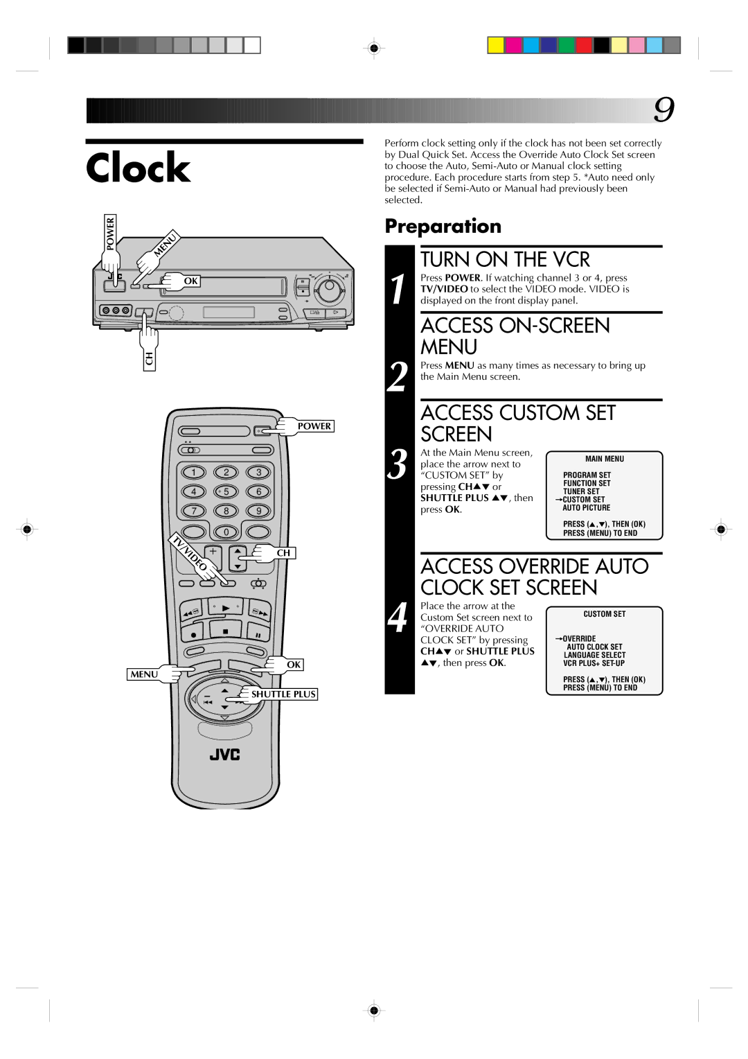 JVC HR-VP638U manual Clock SET Screen, Preparation 