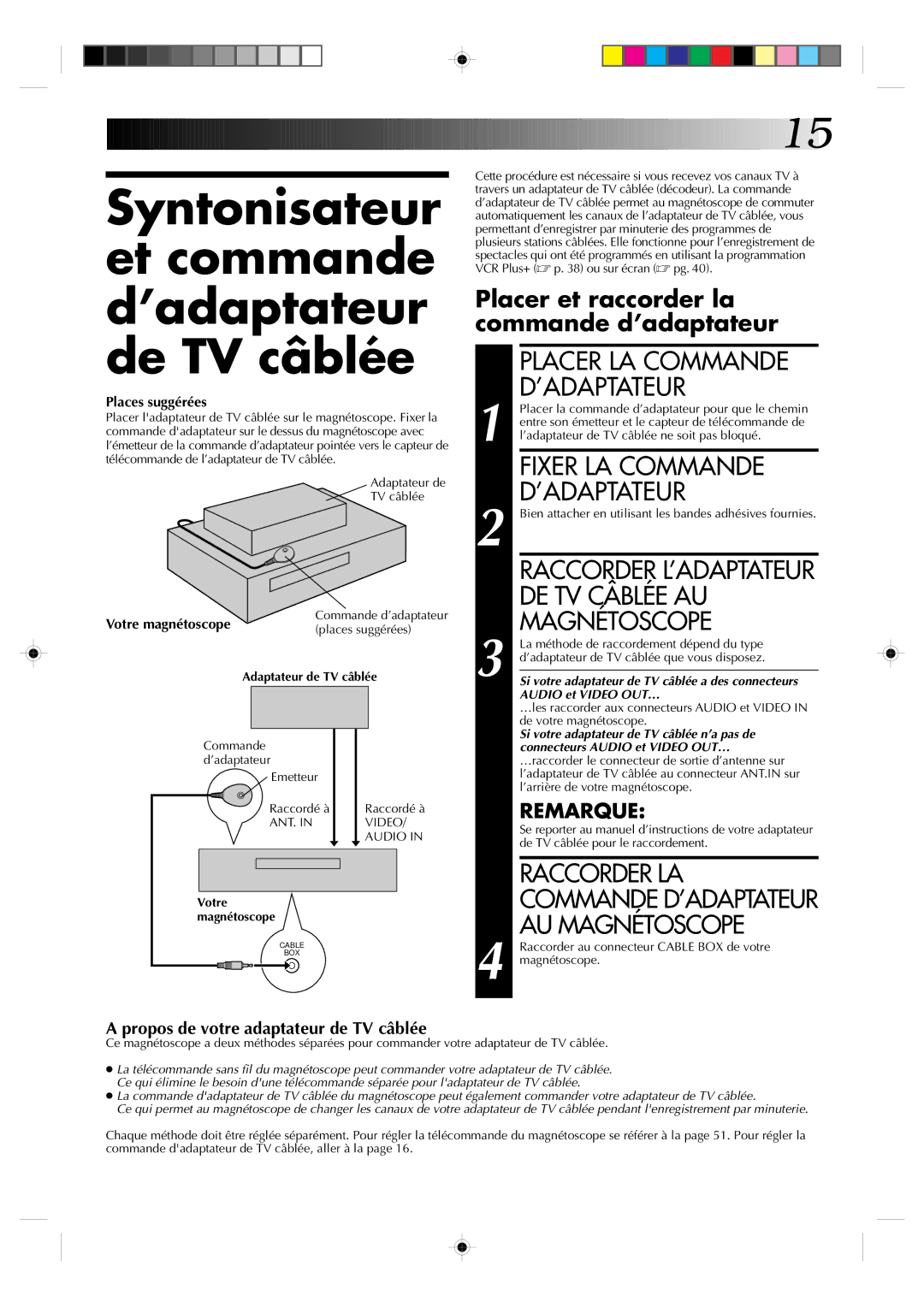 JVC HR-VP639U manual Syntonisateur et commande d’adaptateur de TV câblée 