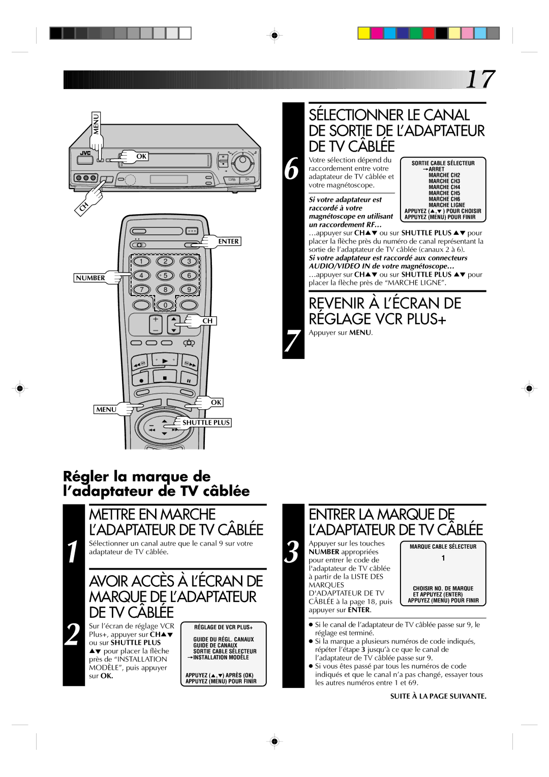 JVC HR-VP639U manual Revenir À L’ÉCRAN DE Réglage VCR PLUS+, Régler la marque de l’adaptateur de TV câblée 