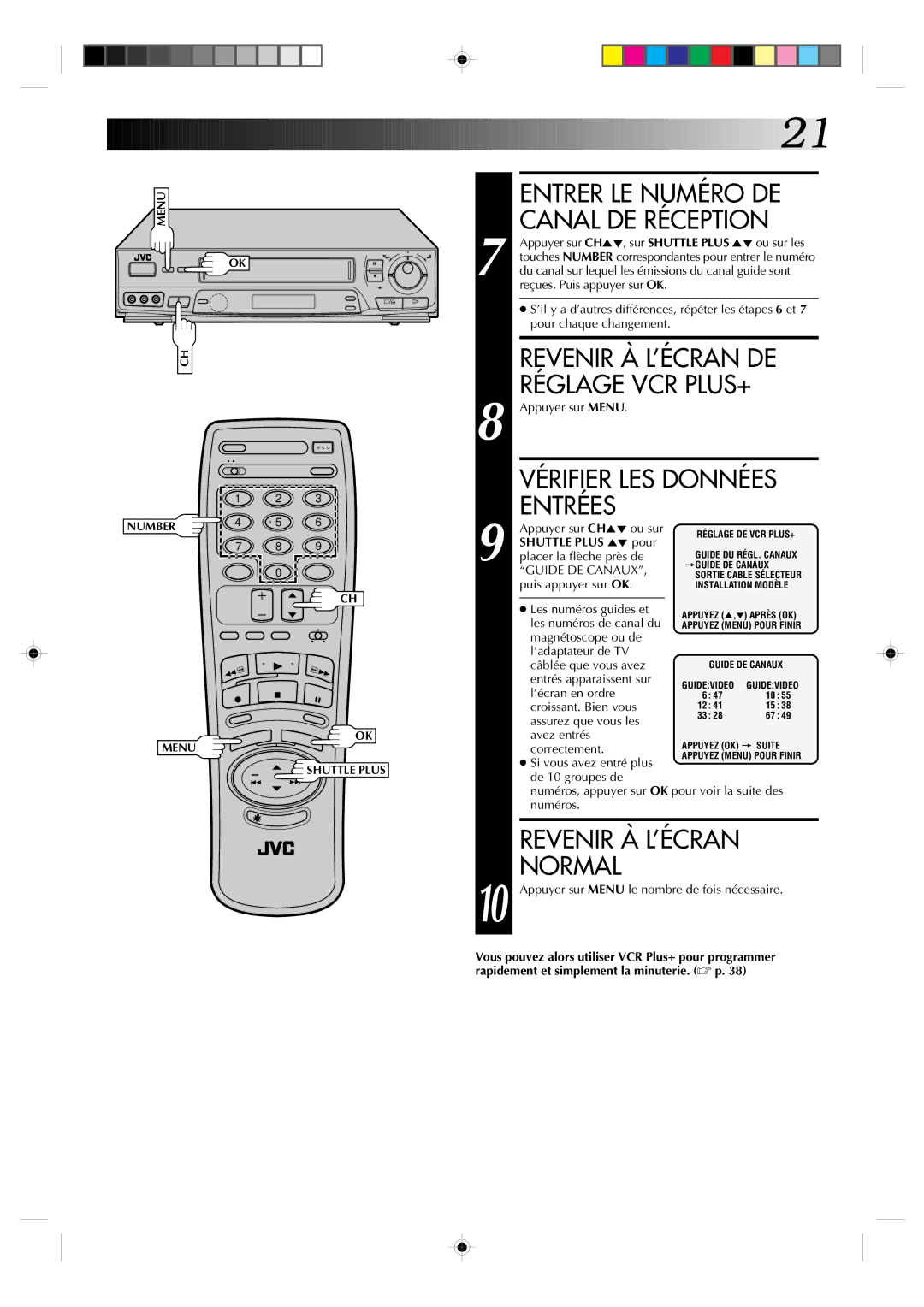 JVC HR-VP639U manual Entrer LE Numéro DE Canal DE Réception, Vérifier LES Données, Entrées, Revenir À L’ÉCRAN 