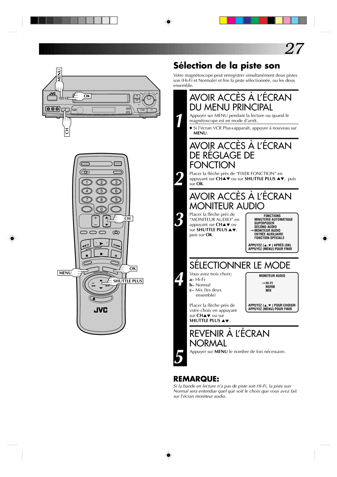 JVC HR-VP639U DU Menu Principal, Avoir Accès À L’ÉCRAN DE Réglage DE Fonction, Moniteur Audio, Sélection de la piste son 