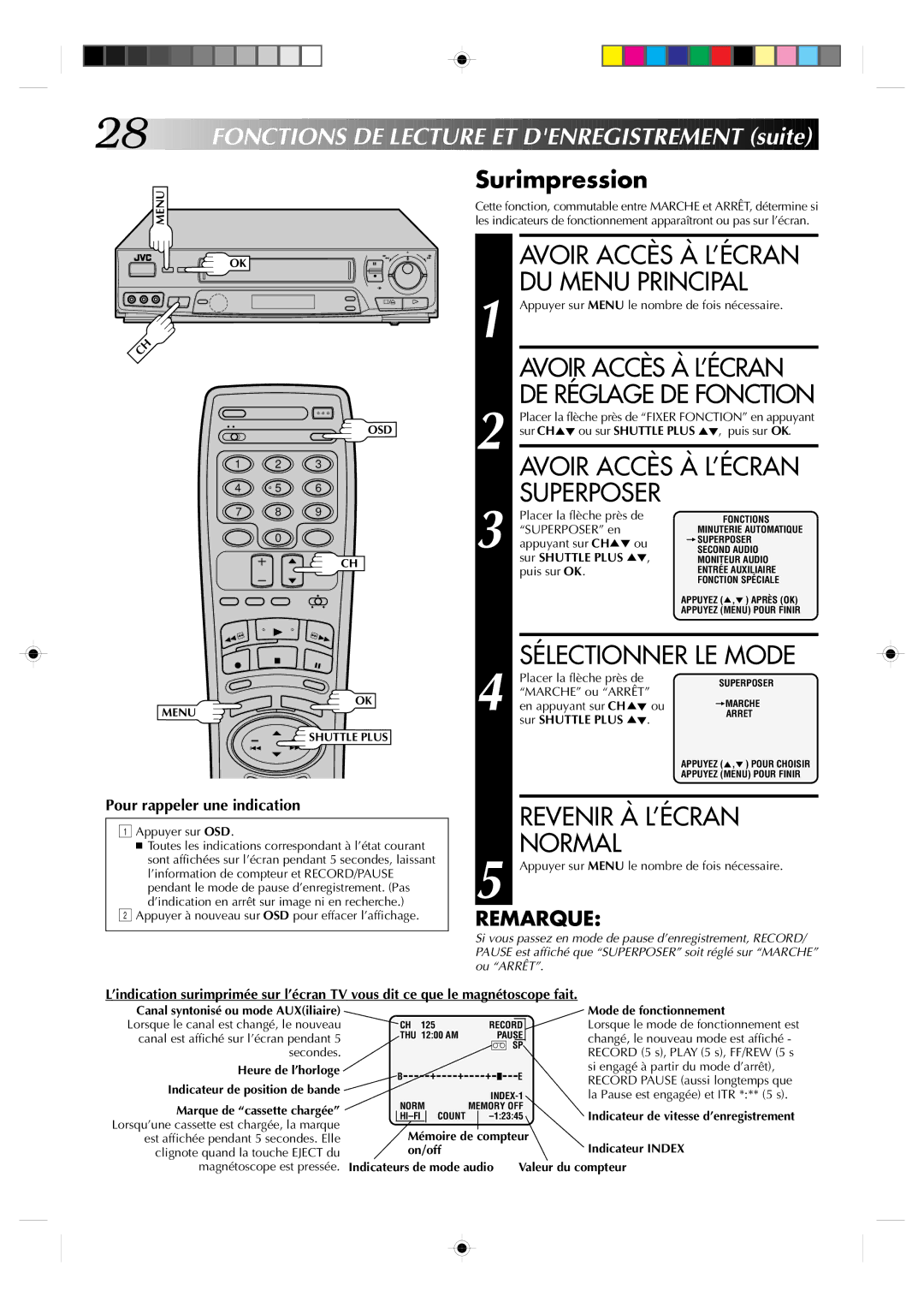 JVC HR-VP639U FO N Ctions DE Lectu RE ET Denregistrement suite, Surimpression, Avoir Accès À L’ÉCRAN DU Menu Principal 