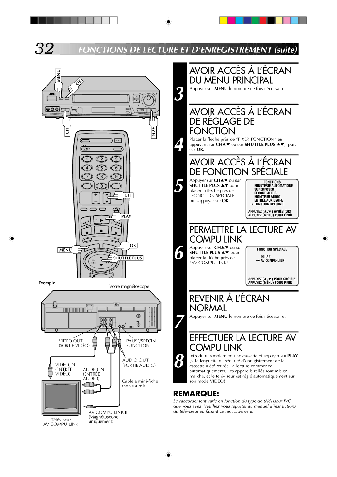 JVC HR-VP639U manual DE Fonction Spéciale, Compu Link, Permettre LA Lecture AV 