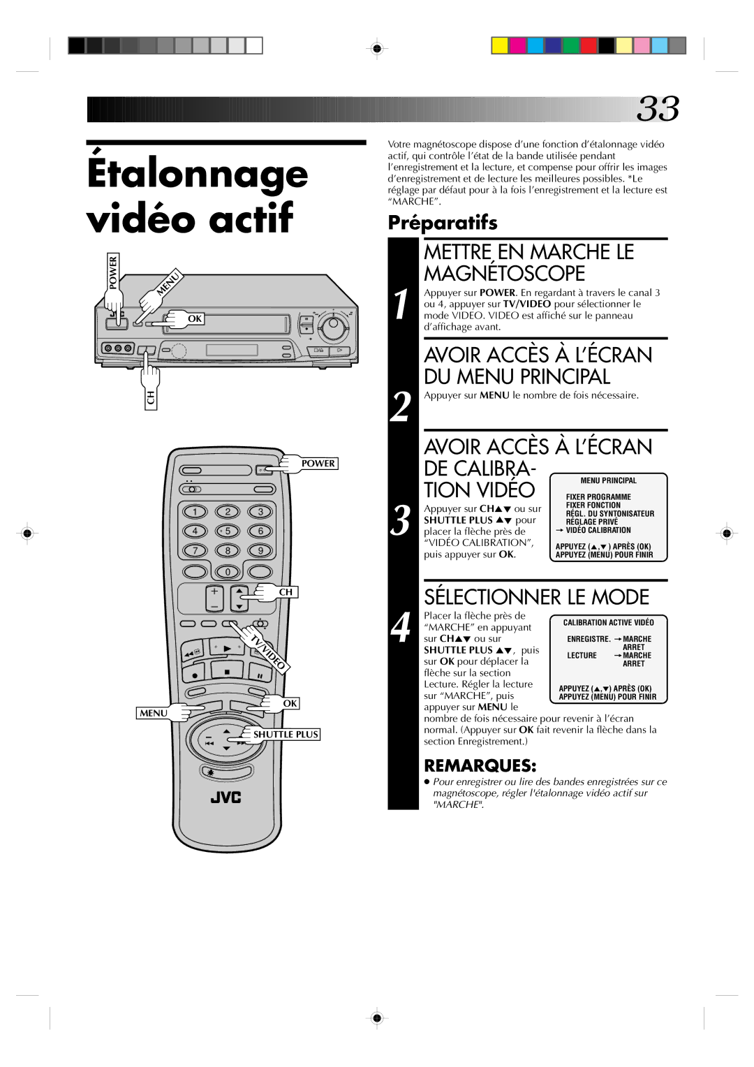 JVC HR-VP639U manual Étalonnage vidéo actif, DE Calibra, Tion Vidéo, DU Menu Principal 