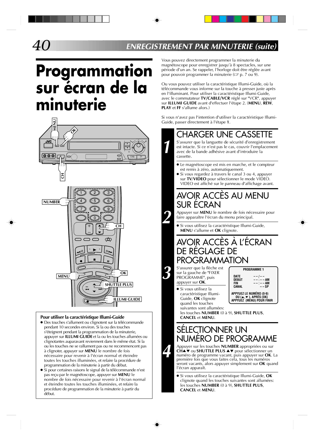 JVC HR-VP639U manual Programmation sur écran de la minuterie, Avoir Accès À L’ÉCRAN DE Réglage DE Programmation 