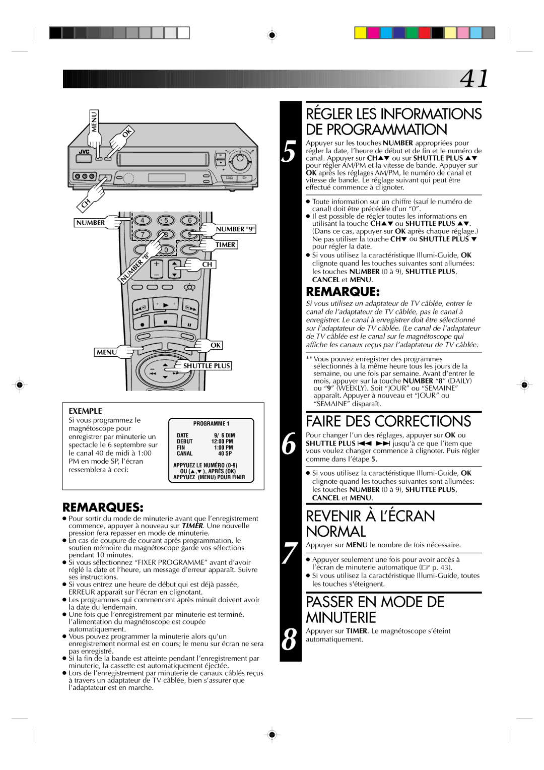 JVC HR-VP639U manual Régler LES Informations DE Programmation, Cancel et Menu 