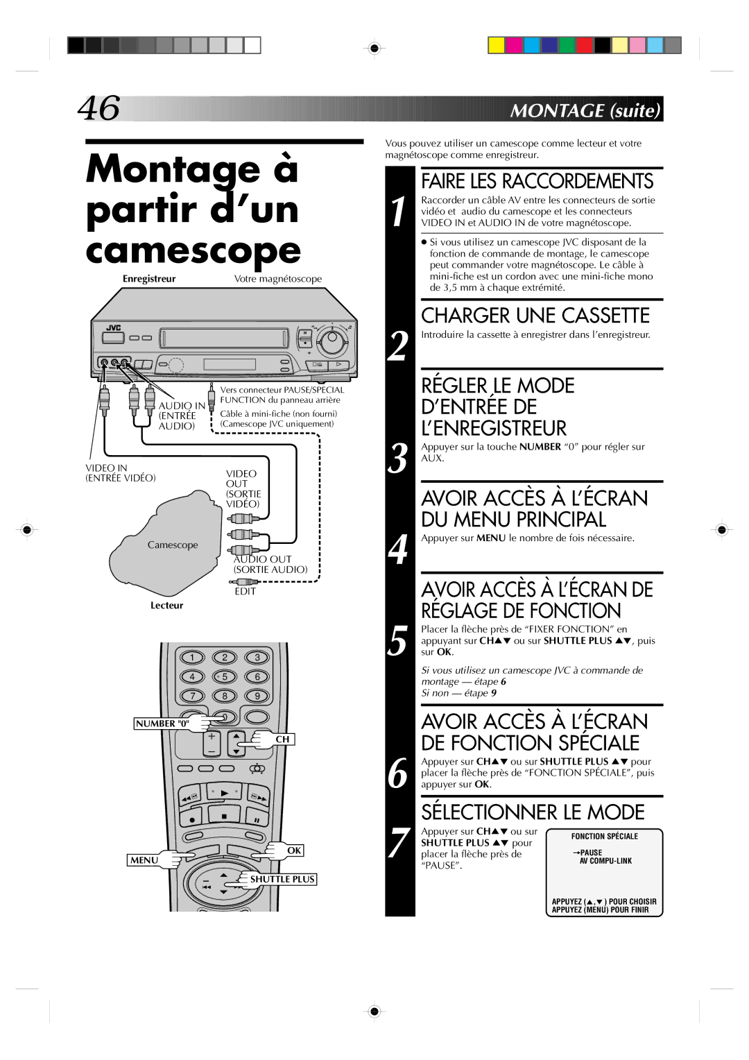 JVC HR-VP639U manual Montage à partir d’un camescope, Régler LE Mode, ’Entrée De, ’Enregistreur, Réglage DE Fonction 