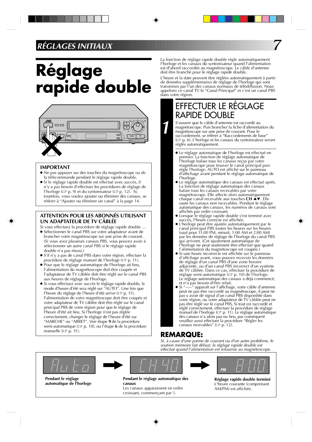 JVC HR-VP639U manual Réglage rapide double, Réglages Initiaux, Effectuer LE Réglage Rapide Double 