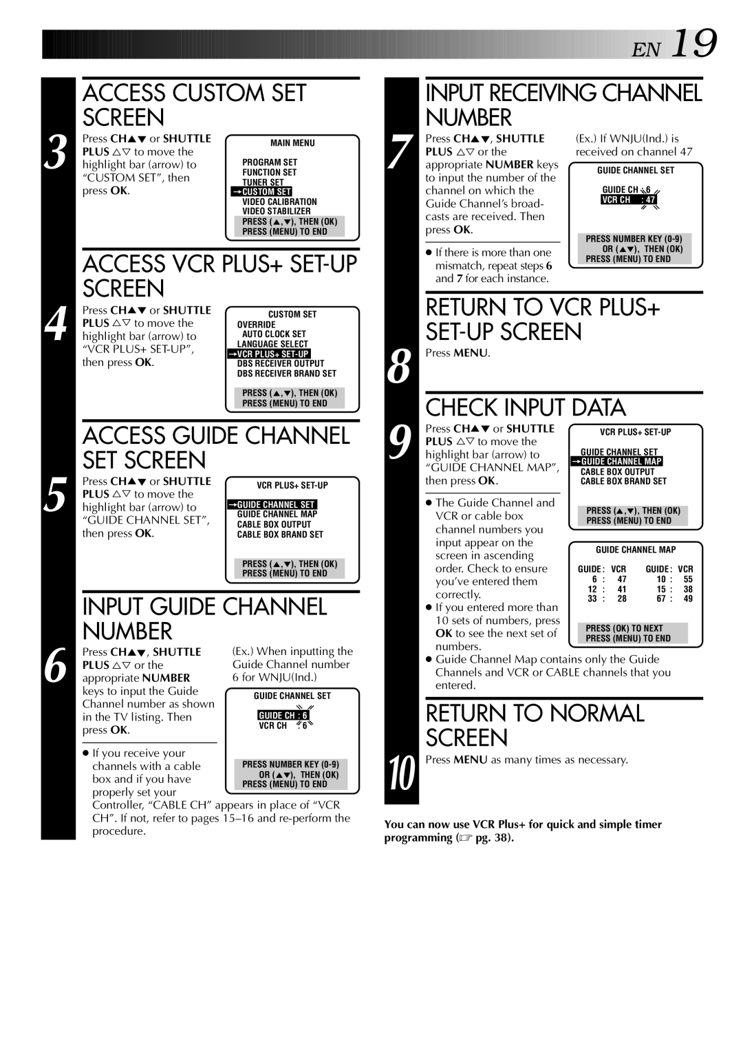 JVC HR-VP646U Access Custom SET Screen Input Receiving Channel Number, Check Input Data Access Guide Channel SET Screen 