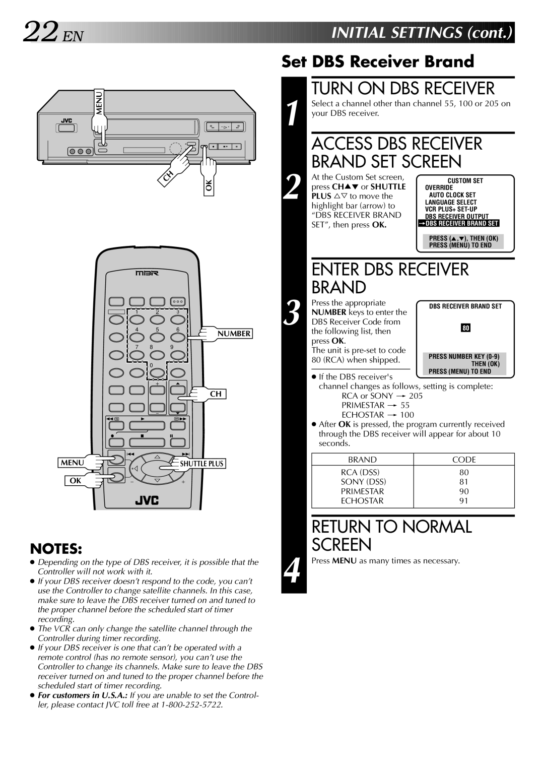 JVC HR-VP646U manual Turn on DBS Receiver, Enter DBS Receiver Brand, Set DBS Receiver Brand 