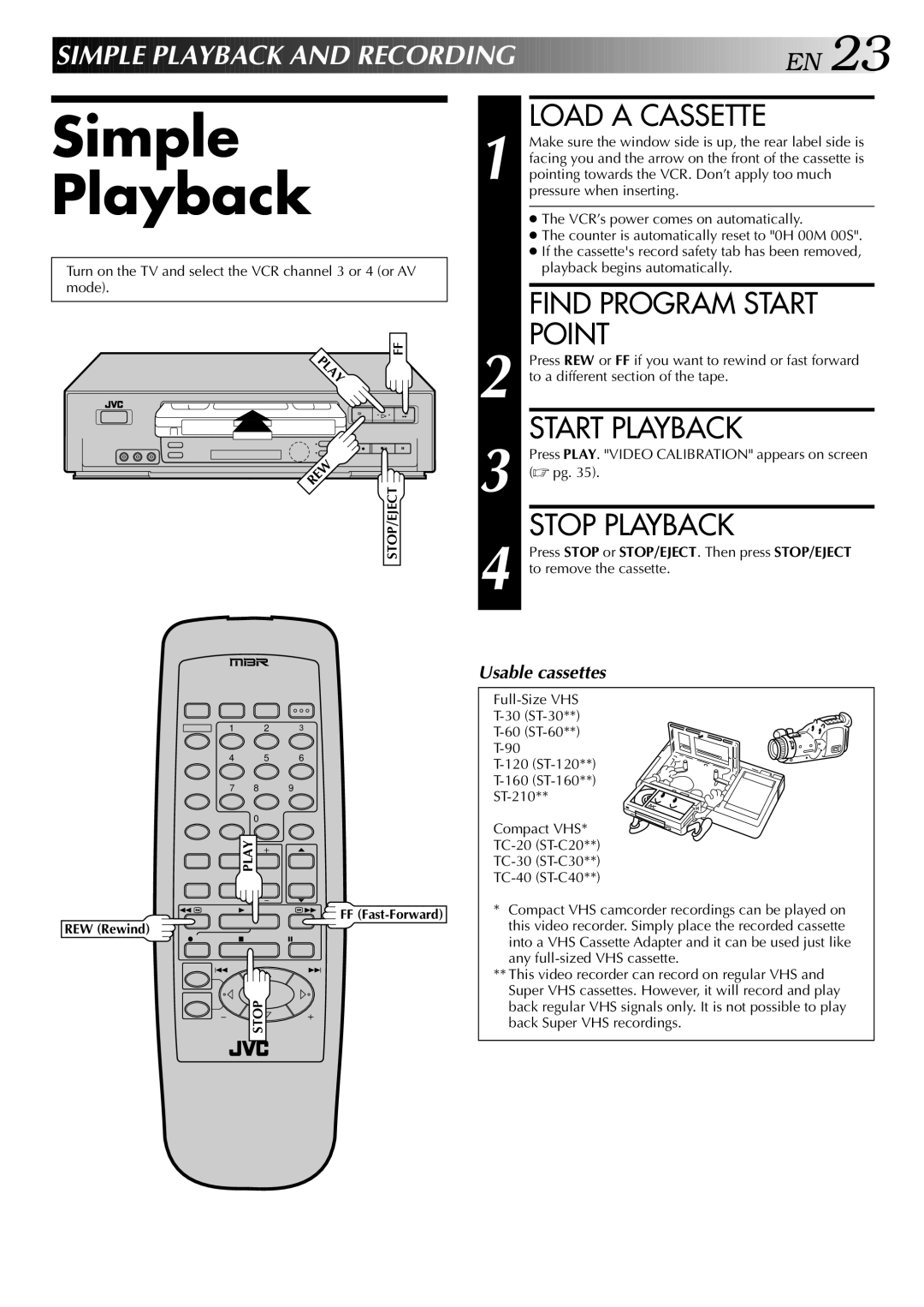 JVC HR-VP646U manual Simple Playback, Load a Cassette, Find Program Start Point, Start Playback, Stop Playback 