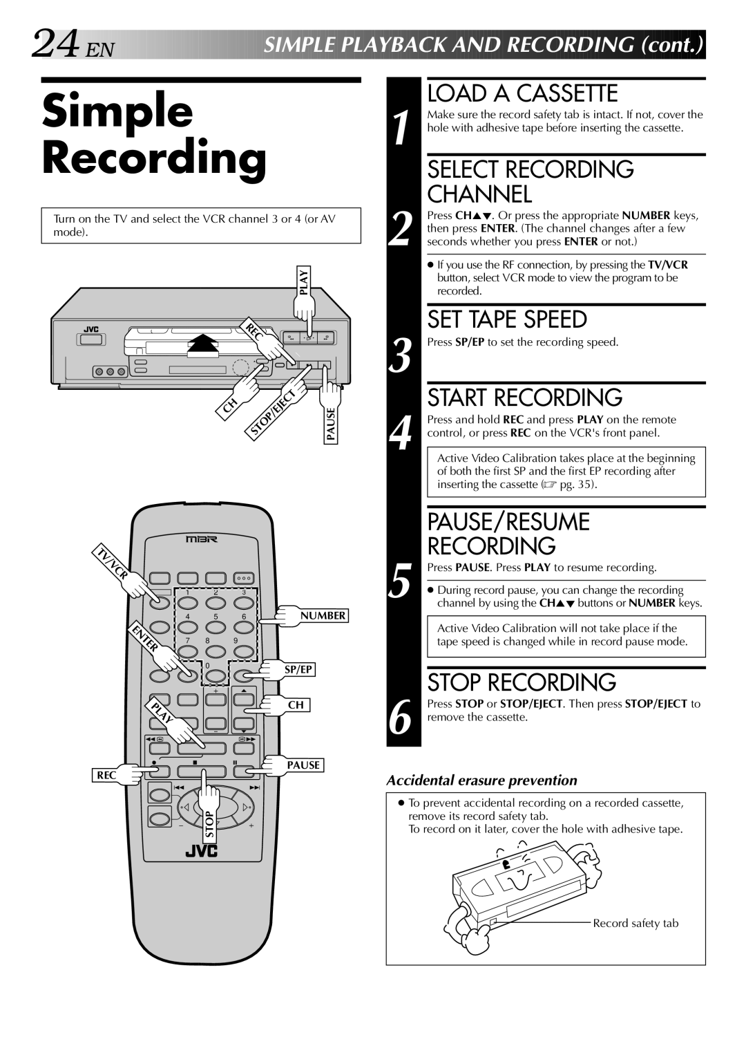 JVC HR-VP646U manual Simple Recording 