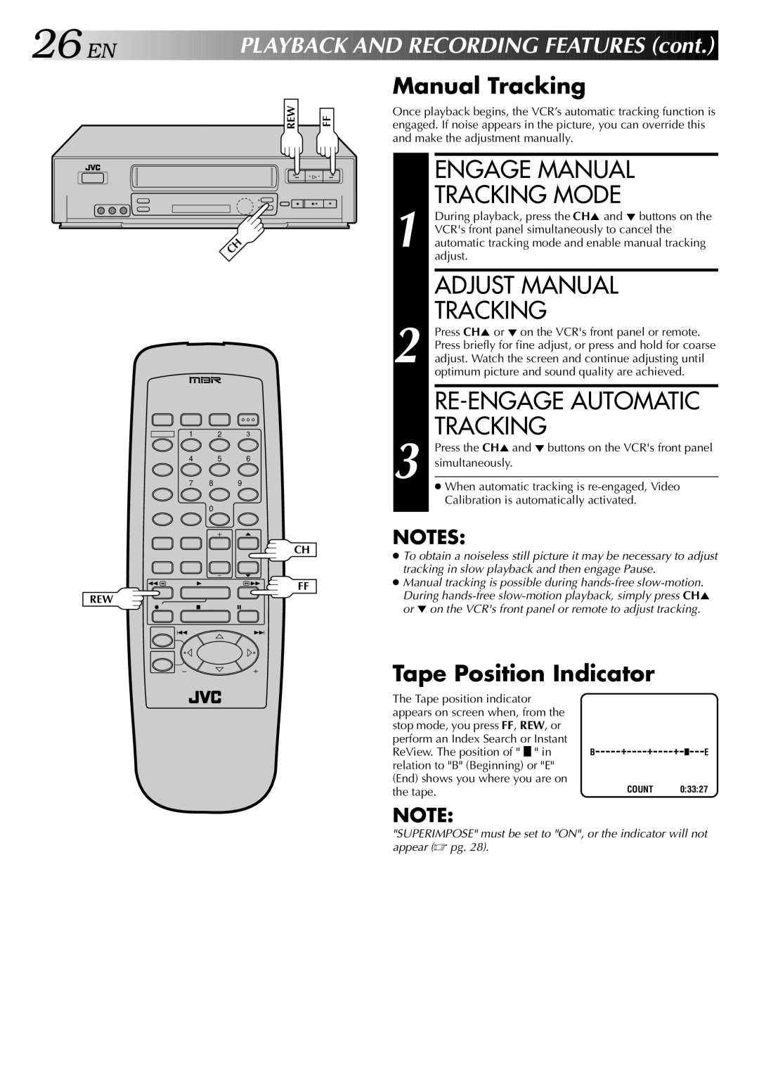 JVC HR-VP646U manual Engage Manual Tracking Mode, Adjust Manual Tracking, RE-ENGAGE Automatic Tracking 