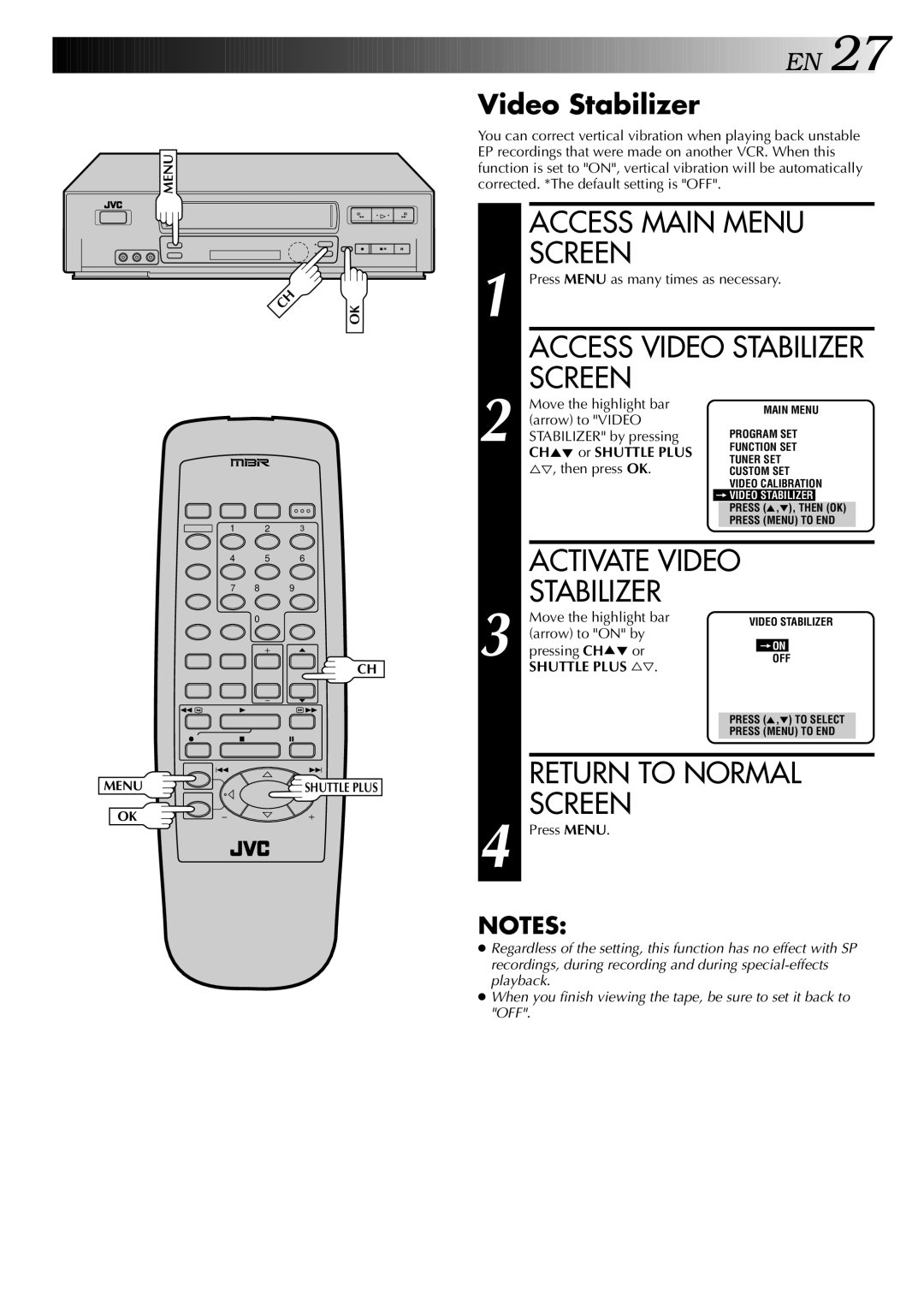 JVC HR-VP646U manual Video Stabilizer 