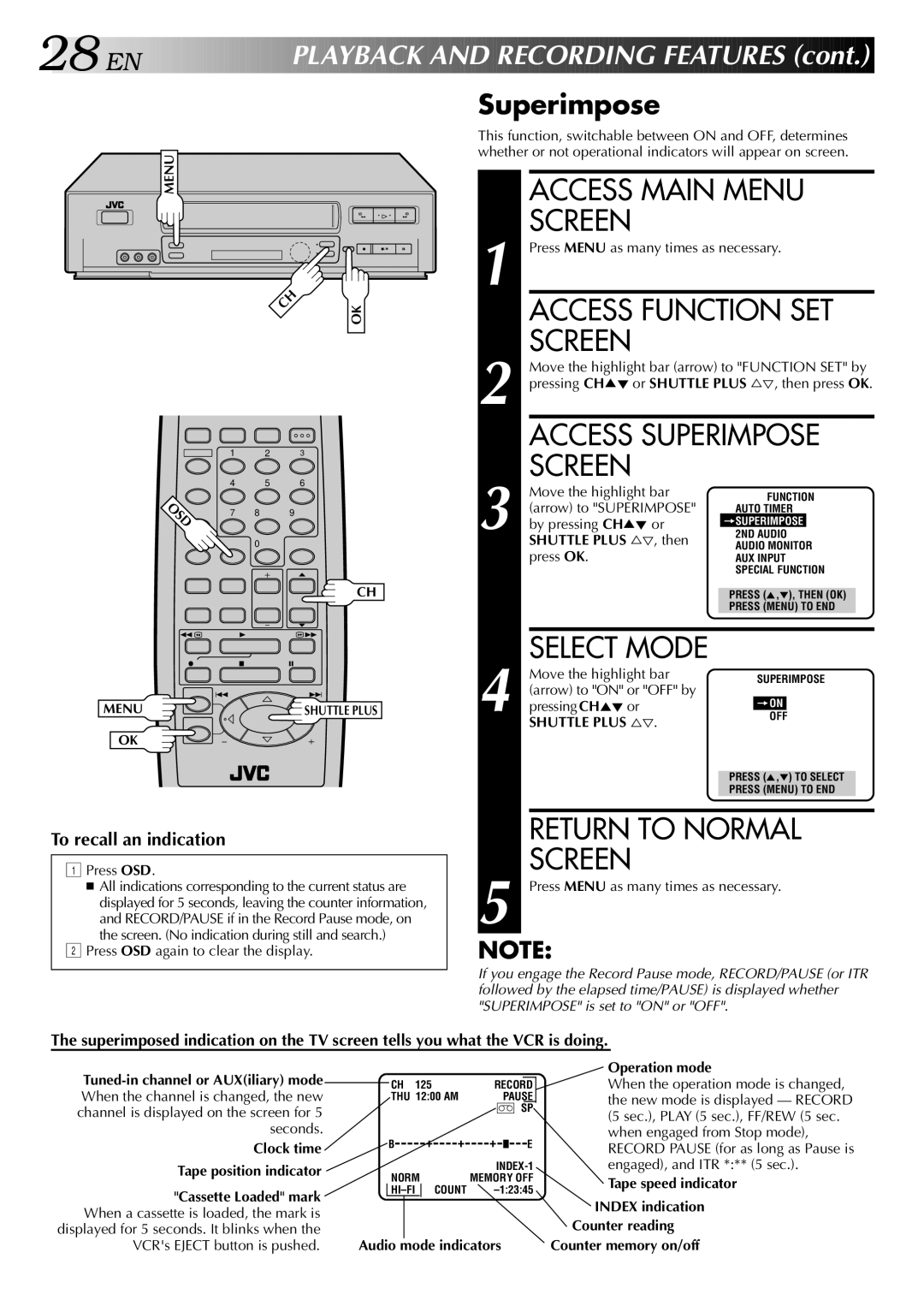 JVC HR-VP646U manual Access Function SET, Access Superimpose 