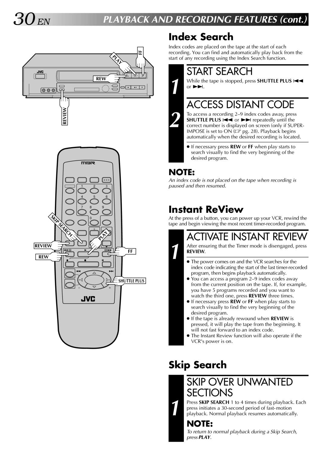 JVC HR-VP646U manual Start Search, Access Distant Code, Skip Over Unwanted Sections 