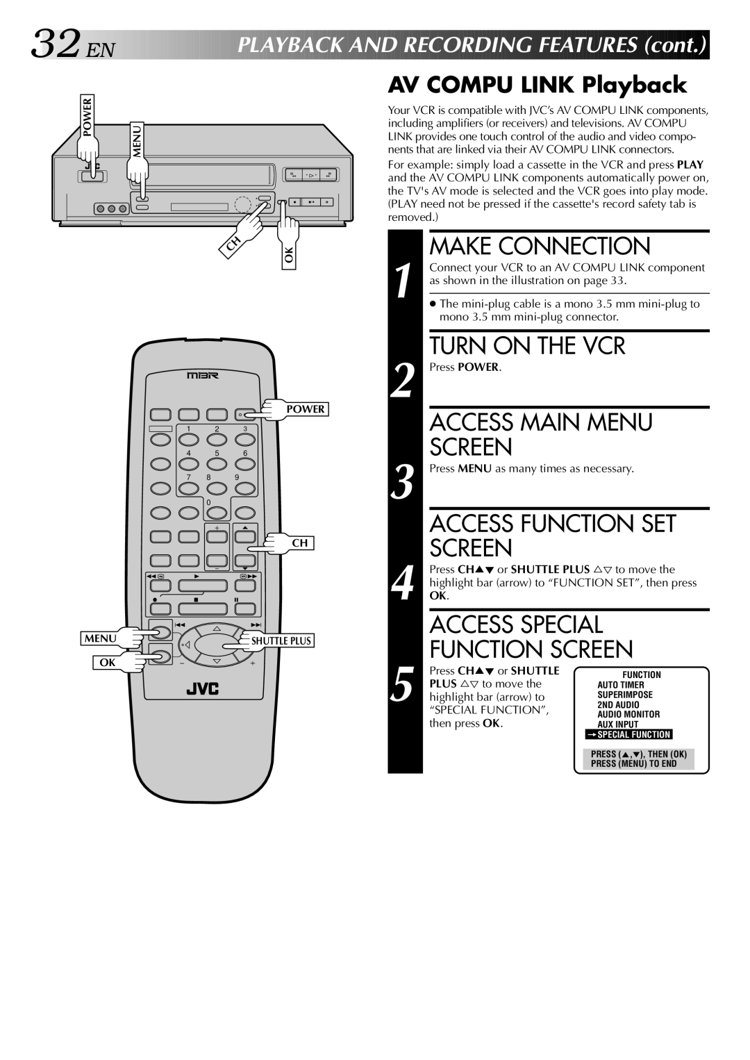 JVC HR-VP646U manual Make Connection, Access Special, Function Screen, AV Compu Link Playback 