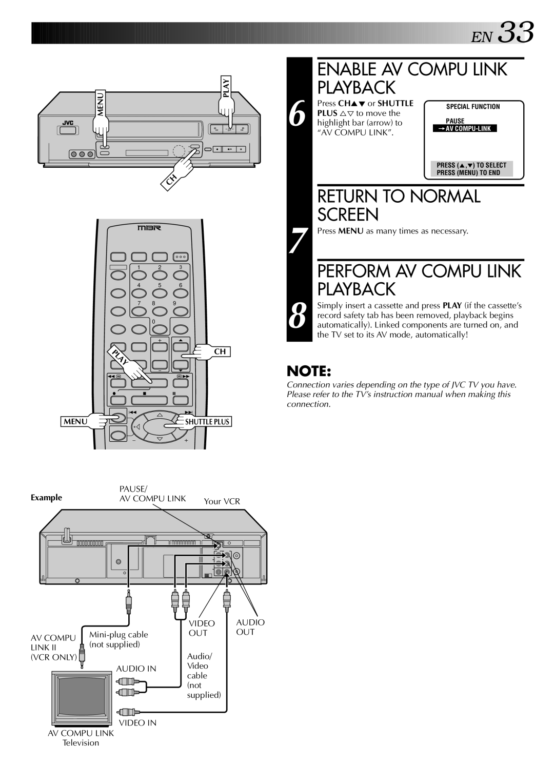 JVC HR-VP646U manual Enable AV Compu Link Playback, Example 