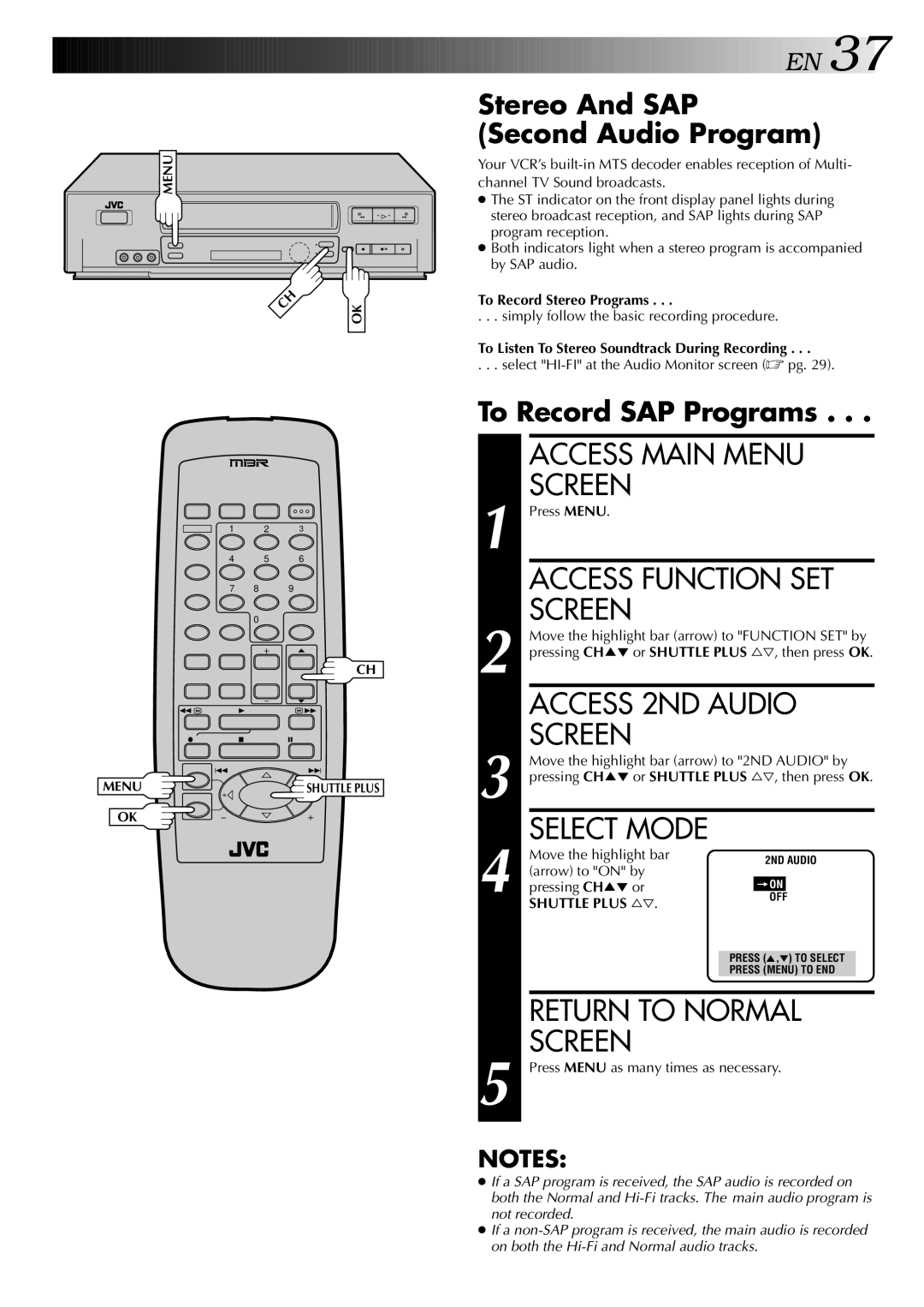 JVC HR-VP646U Access 2ND Audio, Stereo And SAP Second Audio Program, To Record SAP Programs, To Record Stereo Programs 