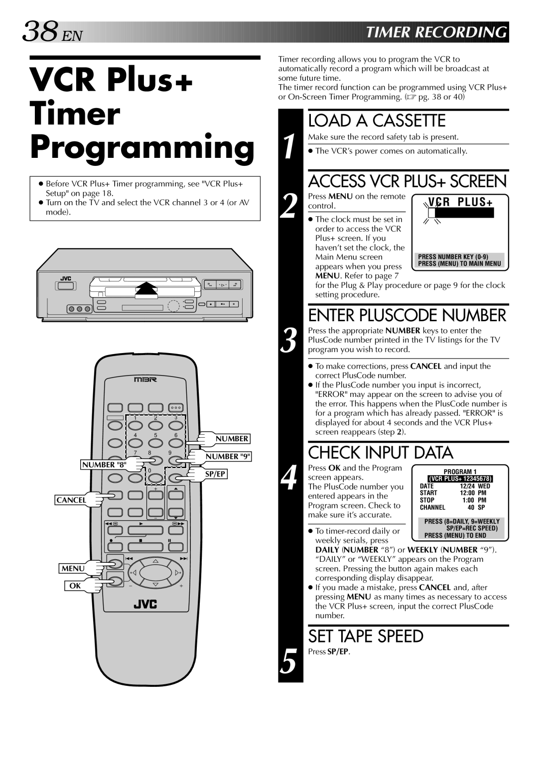 JVC HR-VP646U manual VCR Plus+ Timer Programming, Check Input Data, EN Timer Recording 