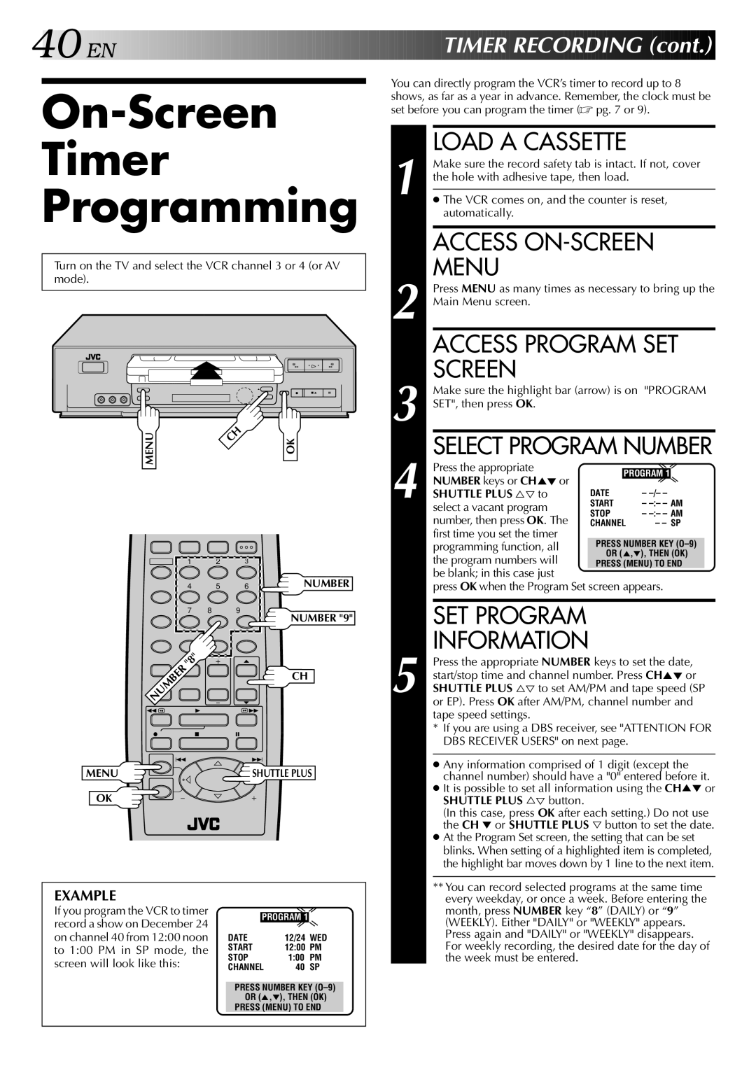 JVC HR-VP646U manual On-Screen Timer Programming, Access ON-SCREEN, Menu, Access Program SET, Information 