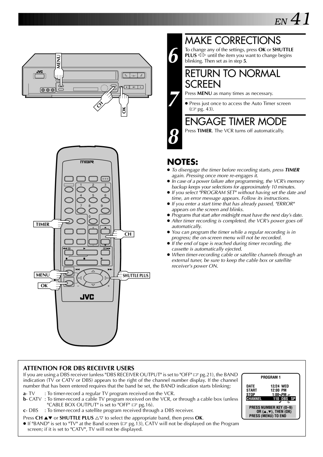 JVC HR-VP646U manual To timer-record a regular TV program received on the VCR, Catv, Cable BOX Output is set to OFF pg.16 