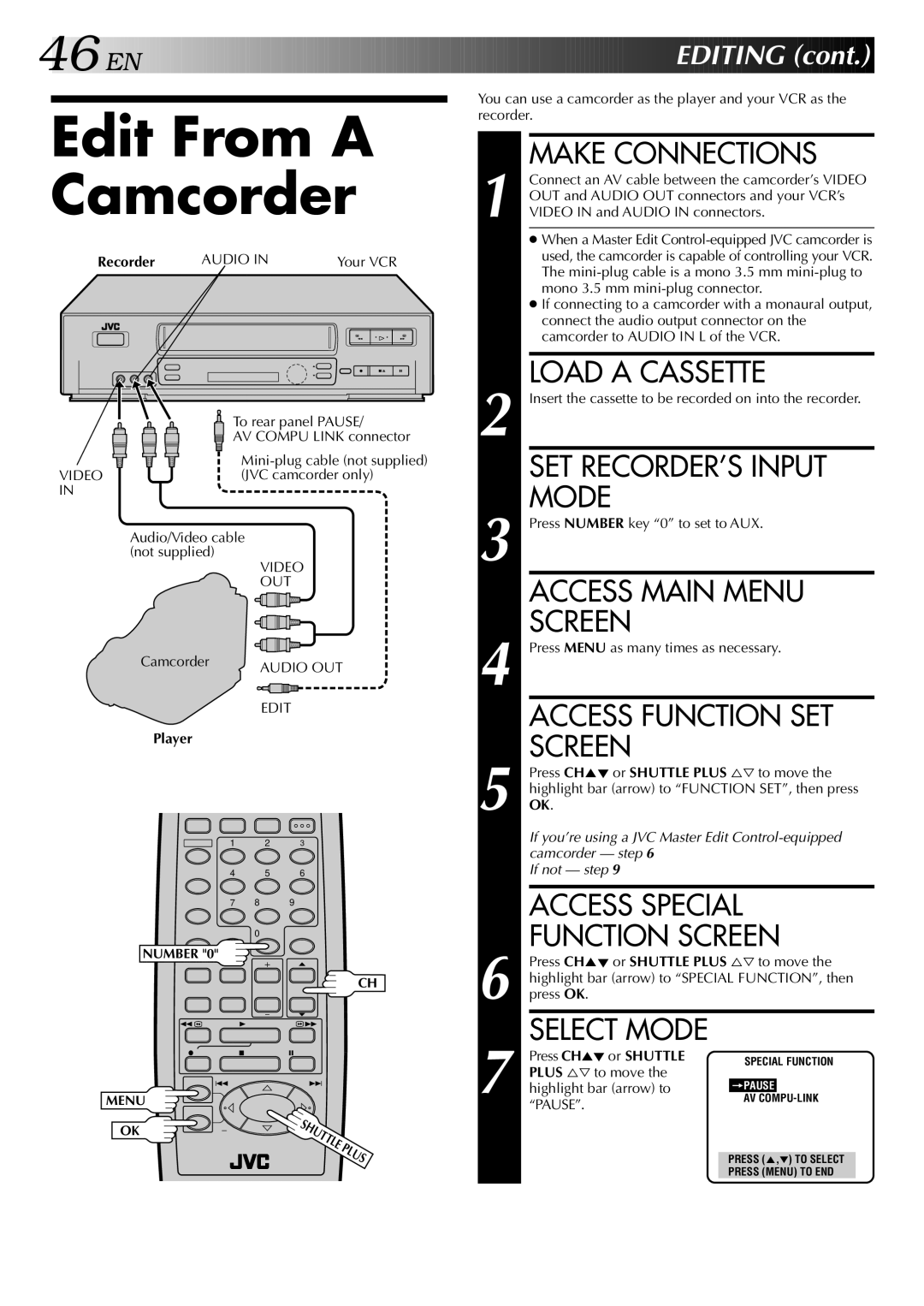 JVC HR-VP646U manual Edit From a Camcorder, SET RECORDER’S Input, Mode 