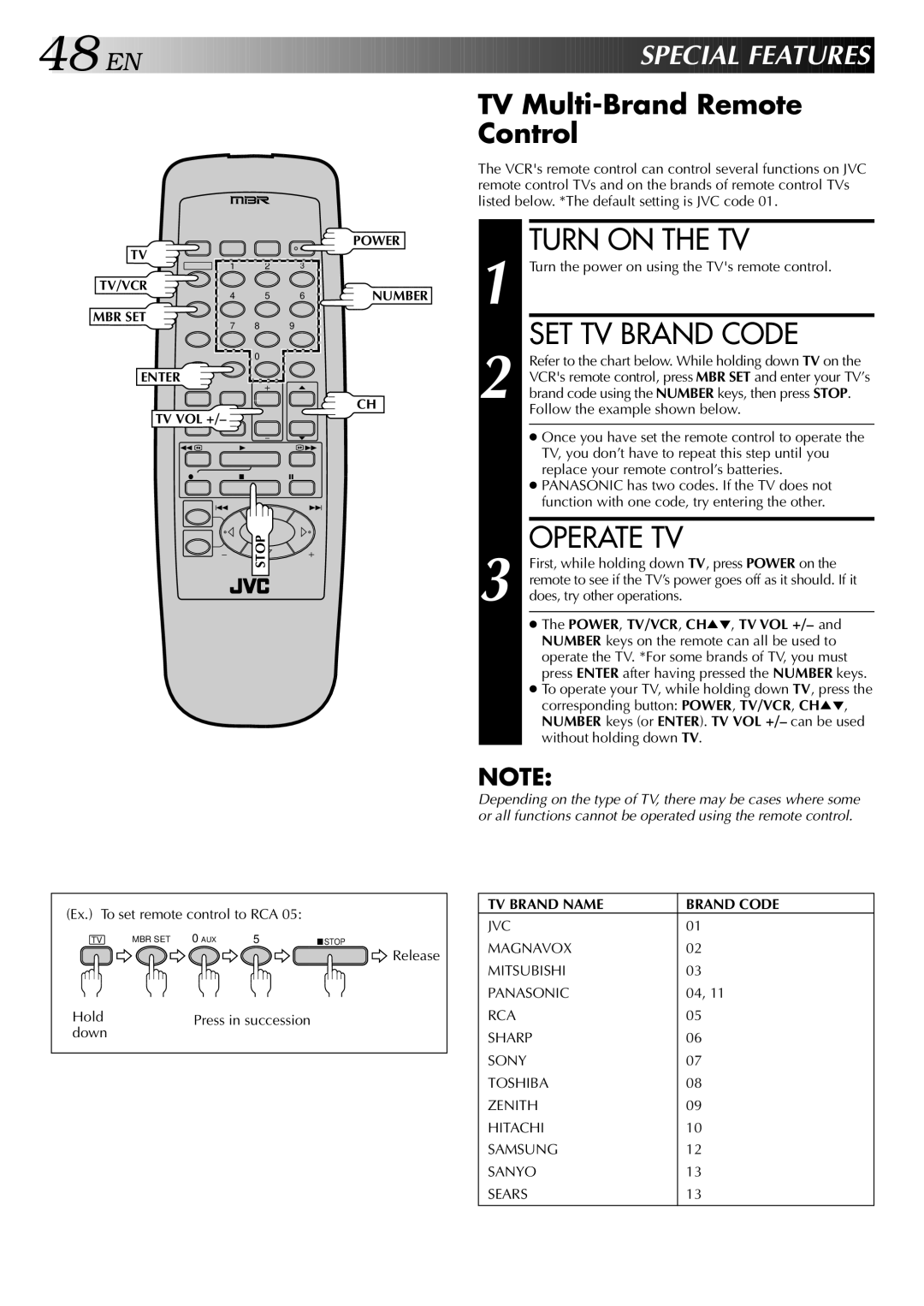 JVC HR-VP646U manual Turn on the TV, SET TV Brand Code, Operate TV, Special Feat Ures, TV Multi-Brand Remote Control 