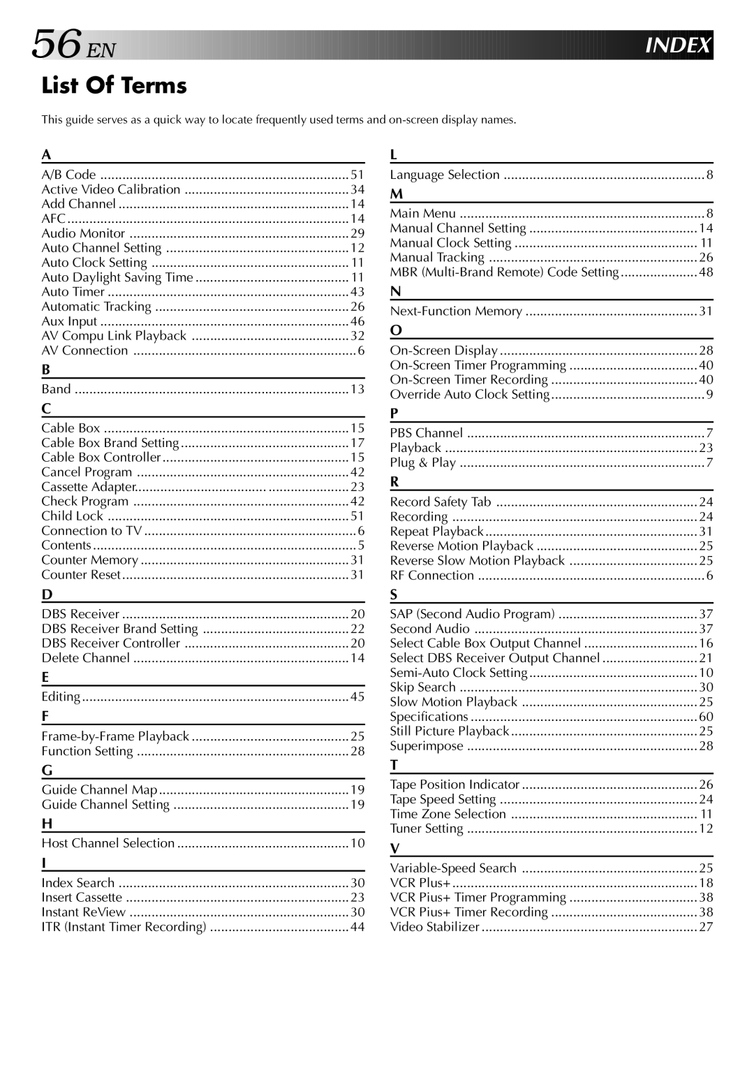 JVC HR-VP646U manual List Of Terms, Index, MBR Multi-Brand Remote Code Setting, Select DBS Receiver Output Channel 