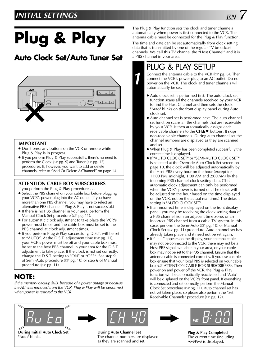 JVC HR-VP646U manual Plug & Play Setup, Initial Settings, Auto Clock Set/Auto Tuner Set 