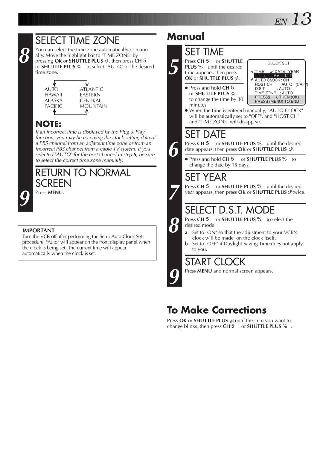 JVC HR-VP450U, HR-VP650U Select Time Zone, Return to Normal Screen, SET Time, SET Date, SET Year, Start Clock 