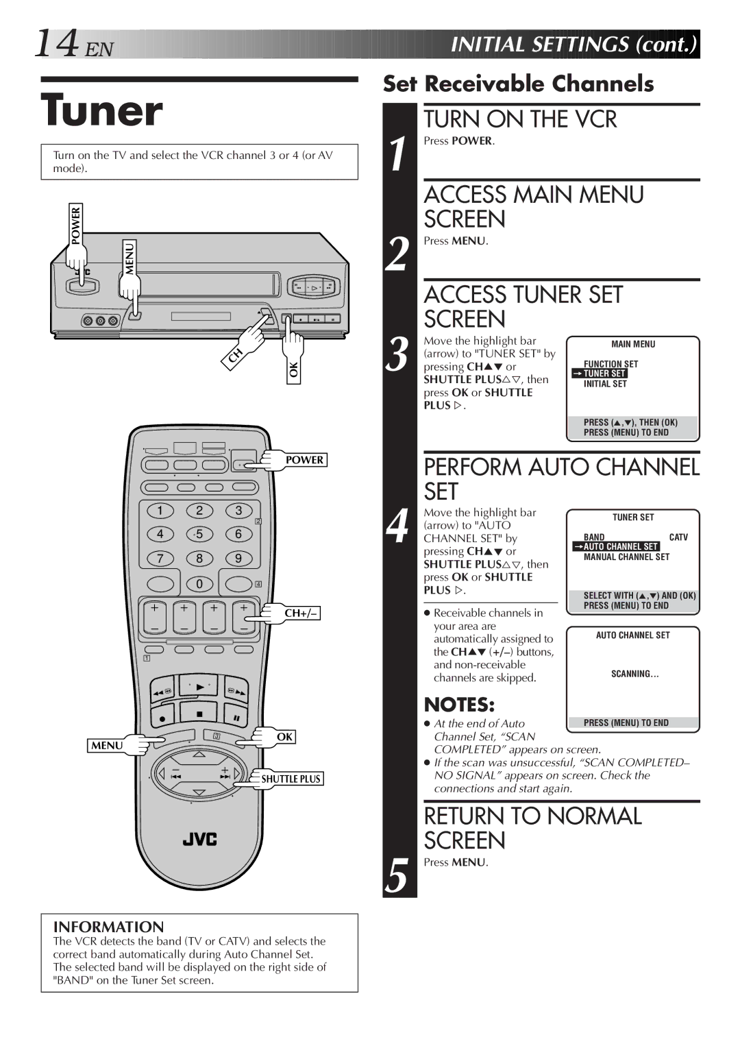 JVC HR-VP650U, HR-VP450U Access Main Menu Screen, Access Tuner SET Screen, Set Receivable Channels 