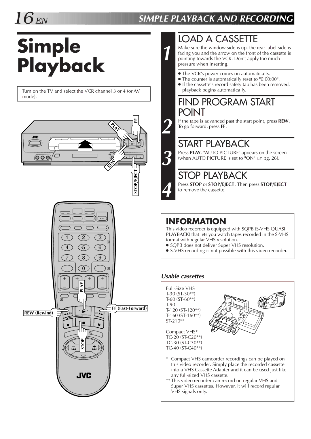 JVC HR-VP650U, HR-VP450U Simple Playback, Load a Cassette, Find Program Start Point, Start Playback, Stop Playback 