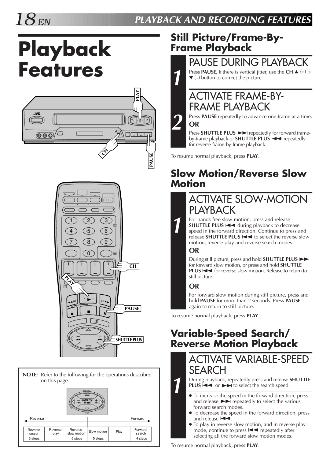 JVC HR-VP650U, HR-VP450U instruction manual Playback Features, Activate FRAME-BY, Frame Playback, Search 