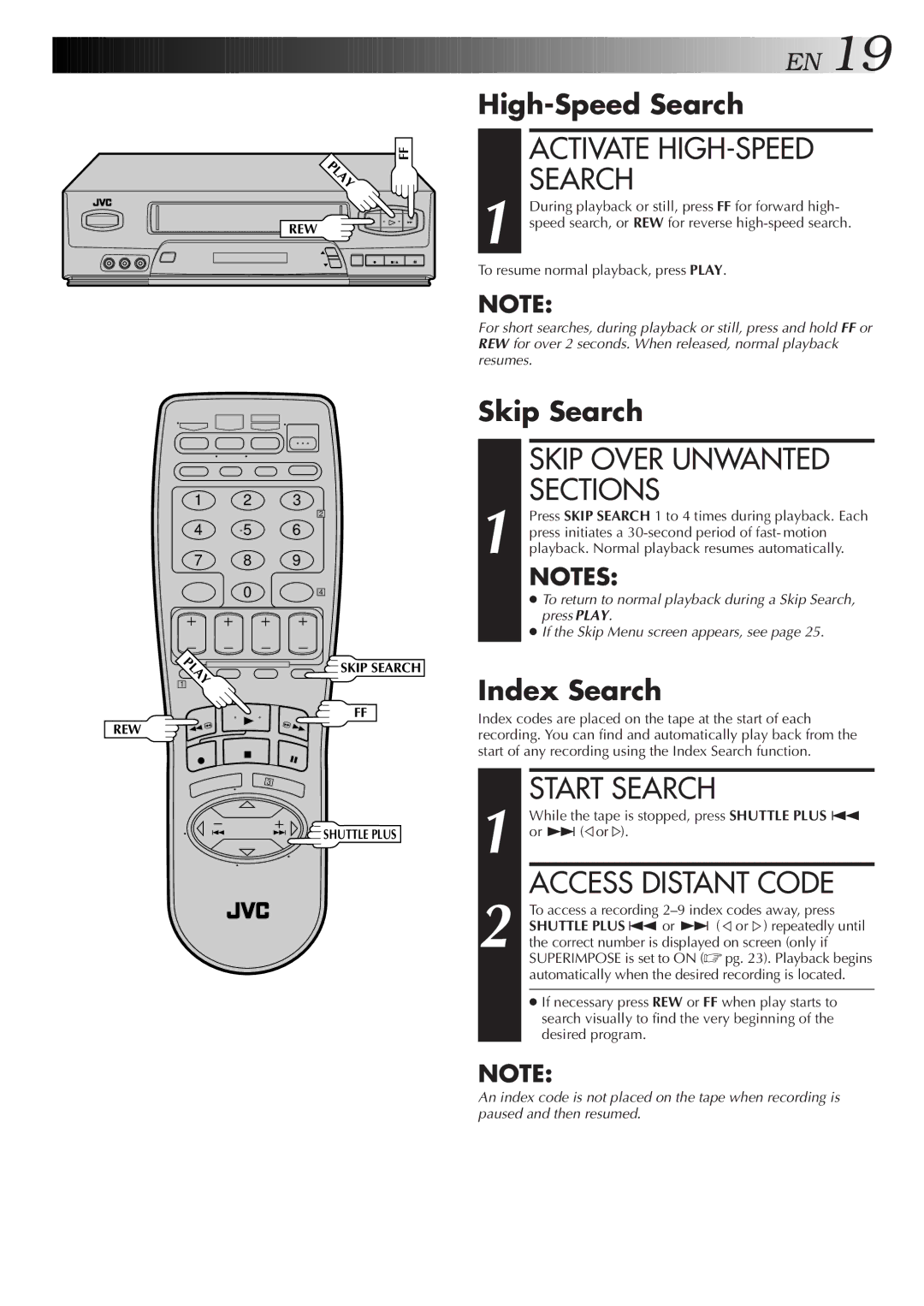 JVC HR-VP450U, HR-VP650U Activate HIGH-SPEED Search, Skip Over Unwanted Sections, Start Search, Access Distant Code 