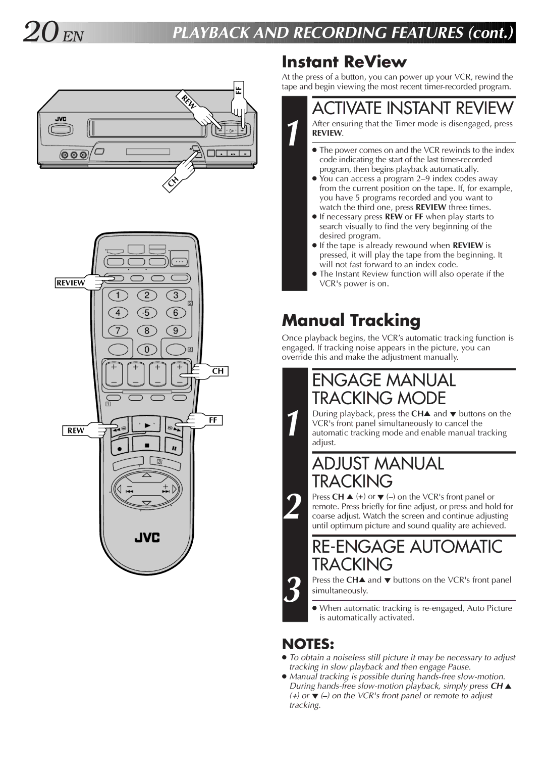 JVC HR-VP650U, HR-VP450U Engage Manual Tracking Mode, Adjust Manual Tracking, RE-ENGAGE Automatic Tracking 