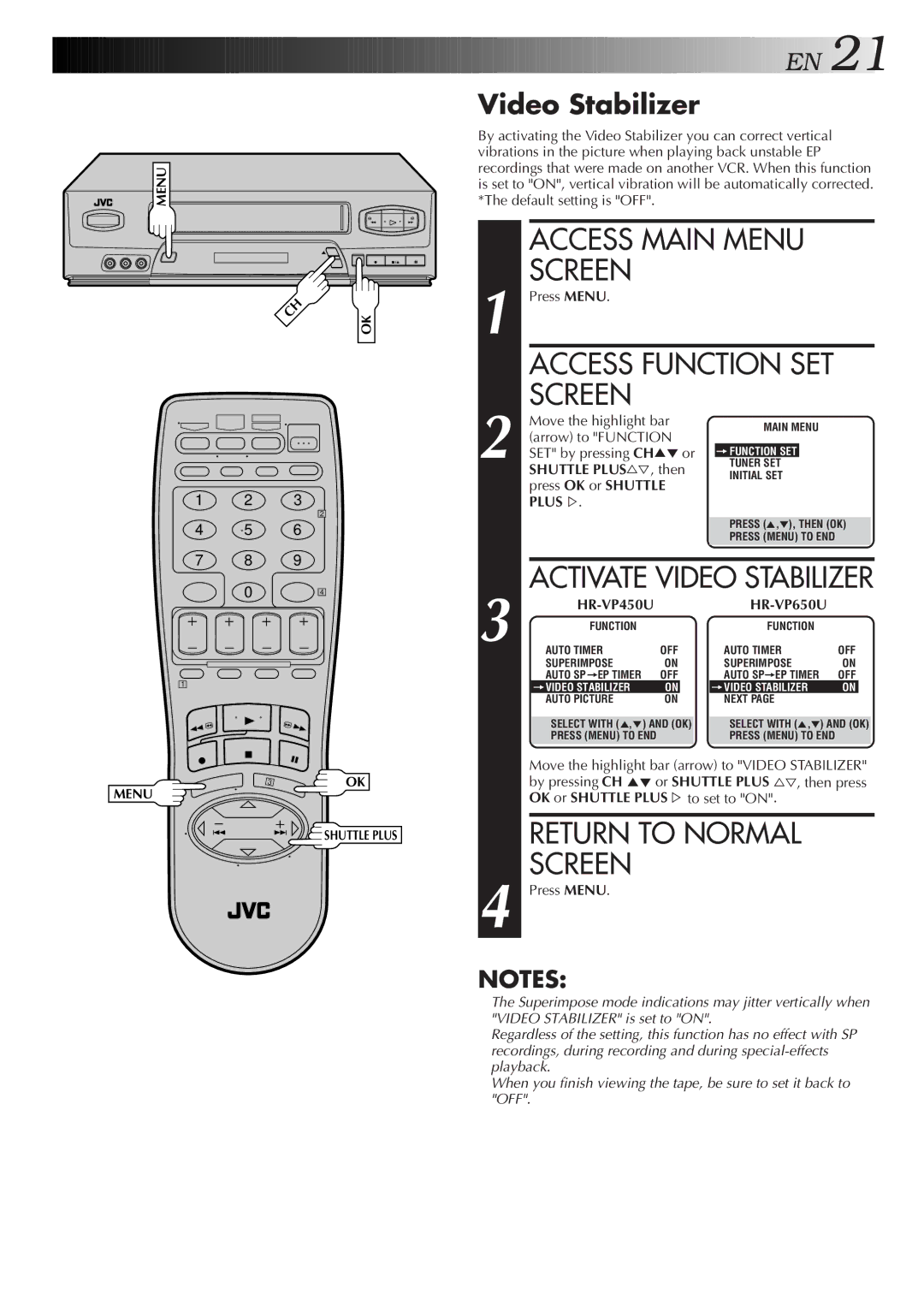 JVC HR-VP450U, HR-VP650U instruction manual Video Stabilizer 