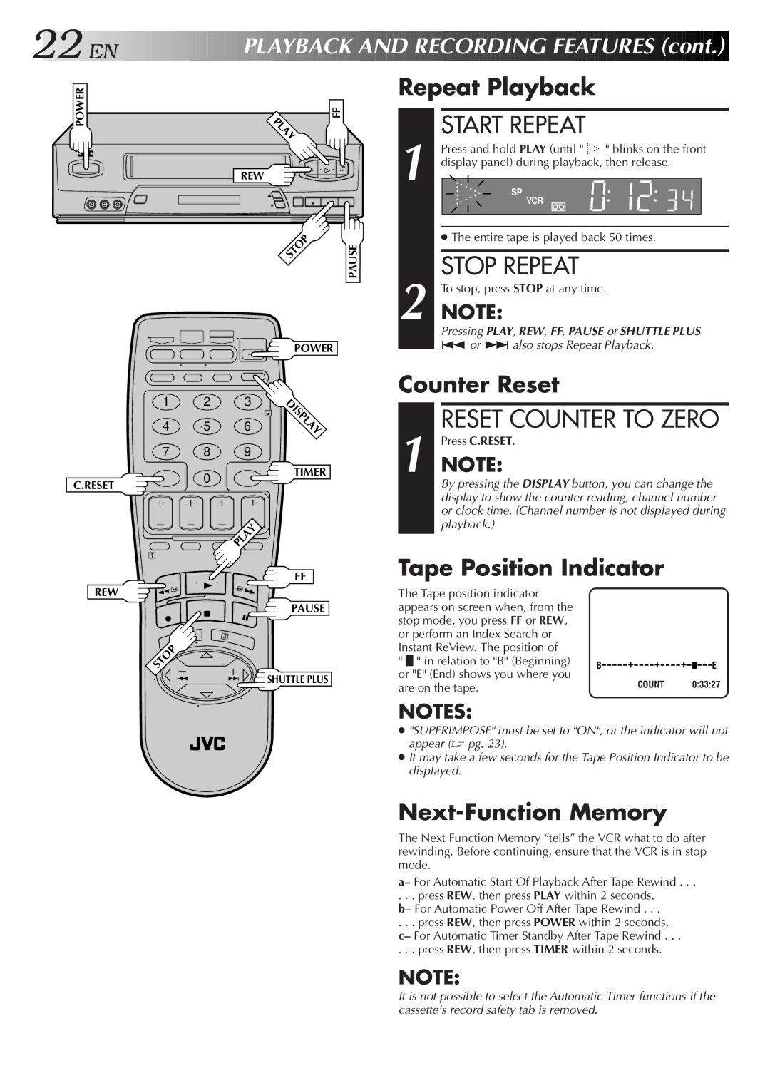 JVC HR-VP650U, HR-VP450U instruction manual Start Repeat, Stop Repeat, EN P Layback and Recording Features 