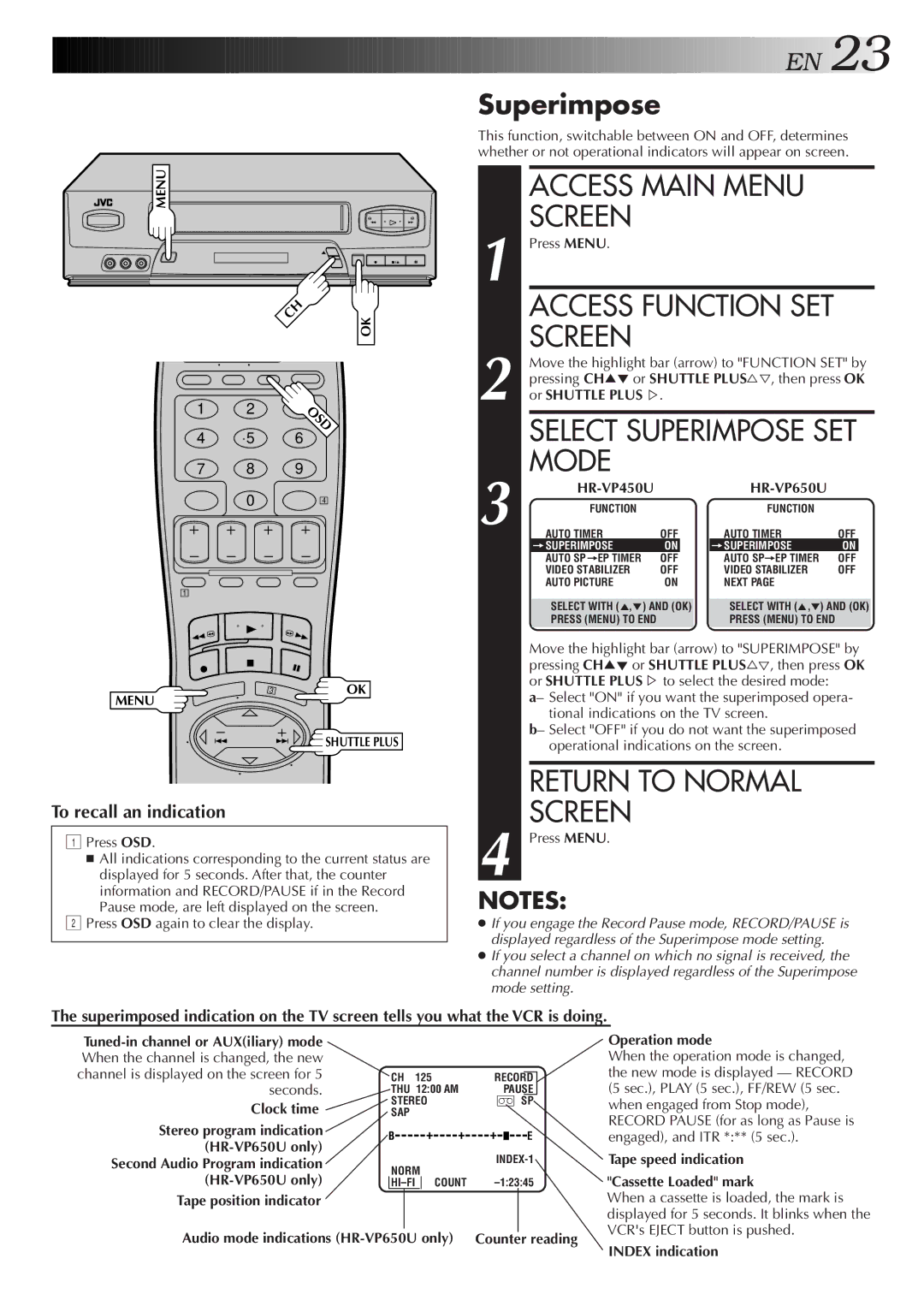 JVC HR-VP450U, HR-VP650U instruction manual Superimpose 