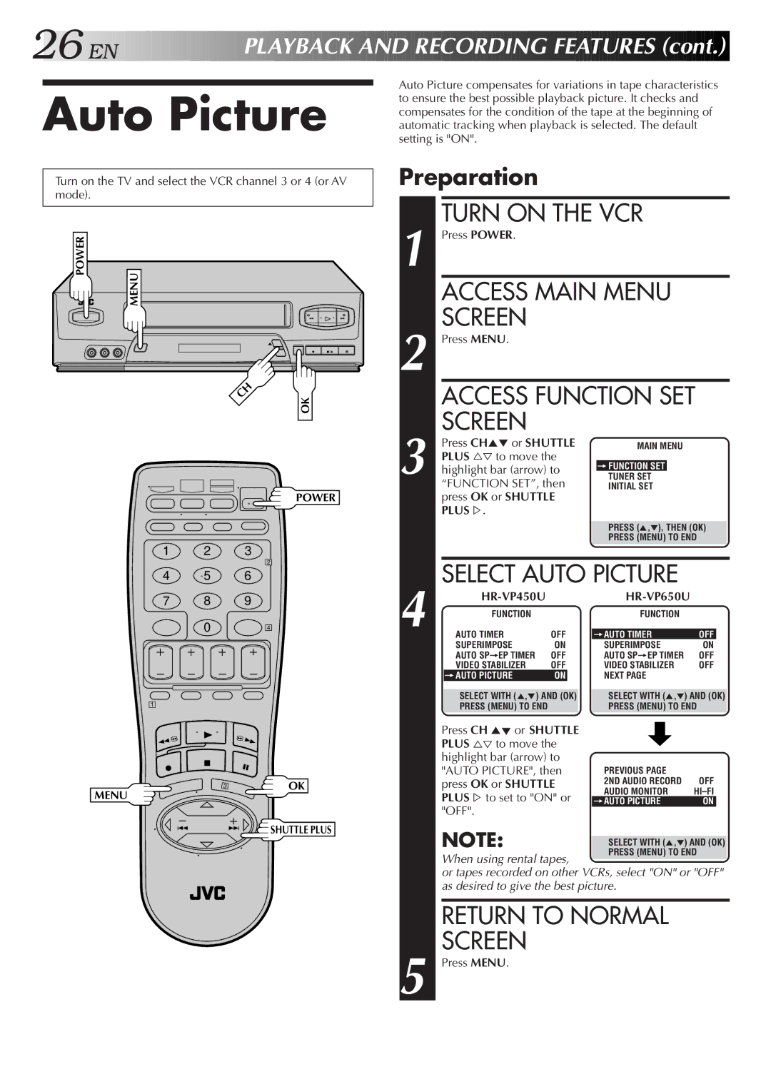 JVC HR-VP650U, HR-VP450U instruction manual Auto Picture 