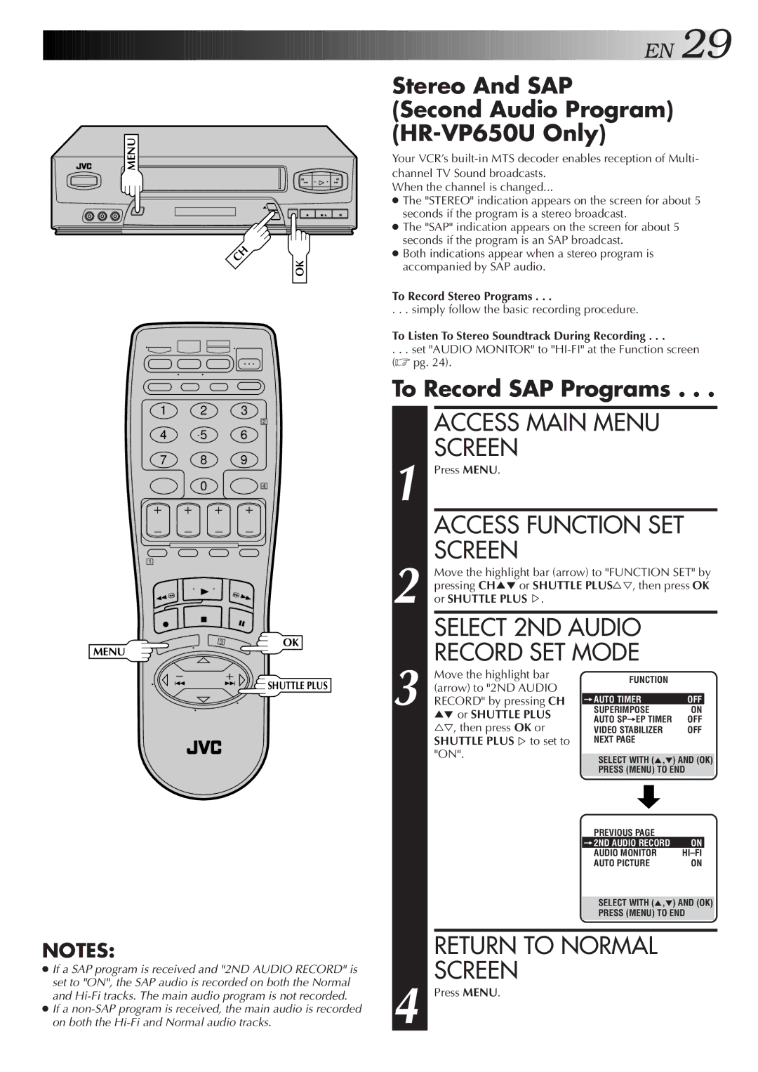 JVC HR-VP450U Select 2ND Audio Record SET Mode, Stereo And SAP Second Audio Program HR-VP650U Only, To Record SAP Programs 