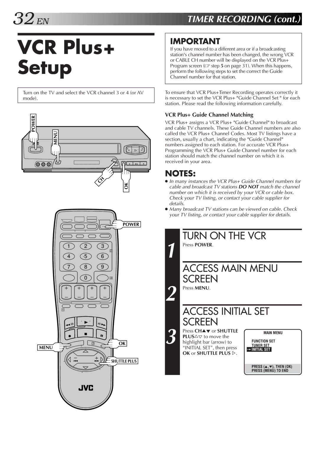 JVC HR-VP650U, HR-VP450U VCR Plus+ Setup, Access Initial SET Screen, VCR Plus+ Guide Channel Matching, OK or Shuttle PLUS% 