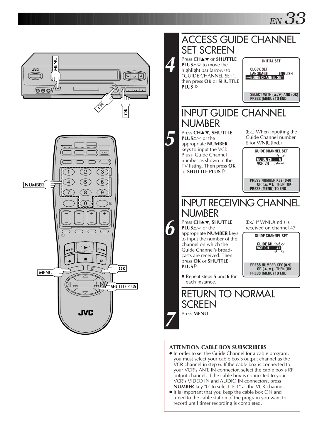 JVC HR-VP450U, HR-VP650U instruction manual Access Guide Channel SET Screen, Input Guide Channel, Press CH5, Shuttle 