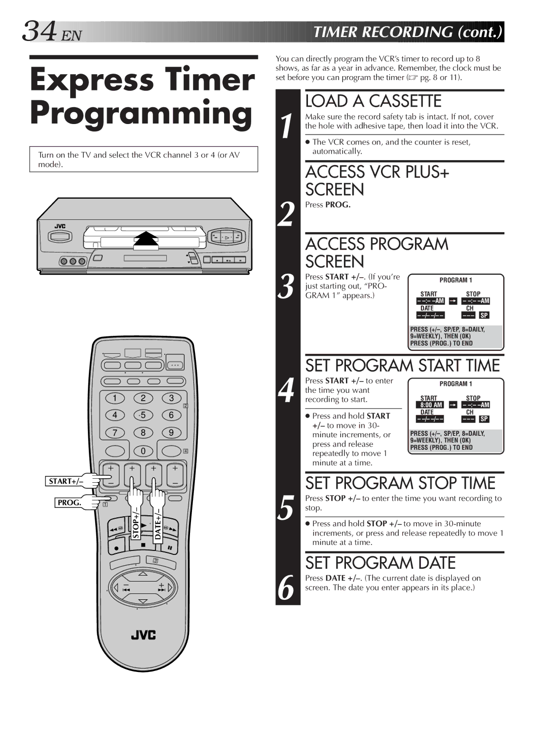 JVC HR-VP650U, HR-VP450U instruction manual Express Timer Programming, Date+ 