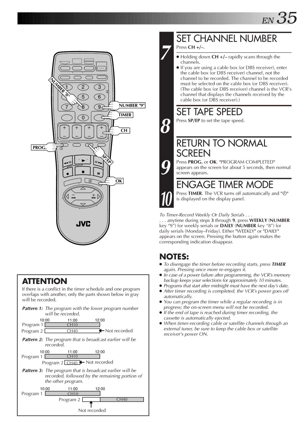 JVC HR-VP450U, HR-VP650U instruction manual SET Channel Number, Engage Timer Mode 