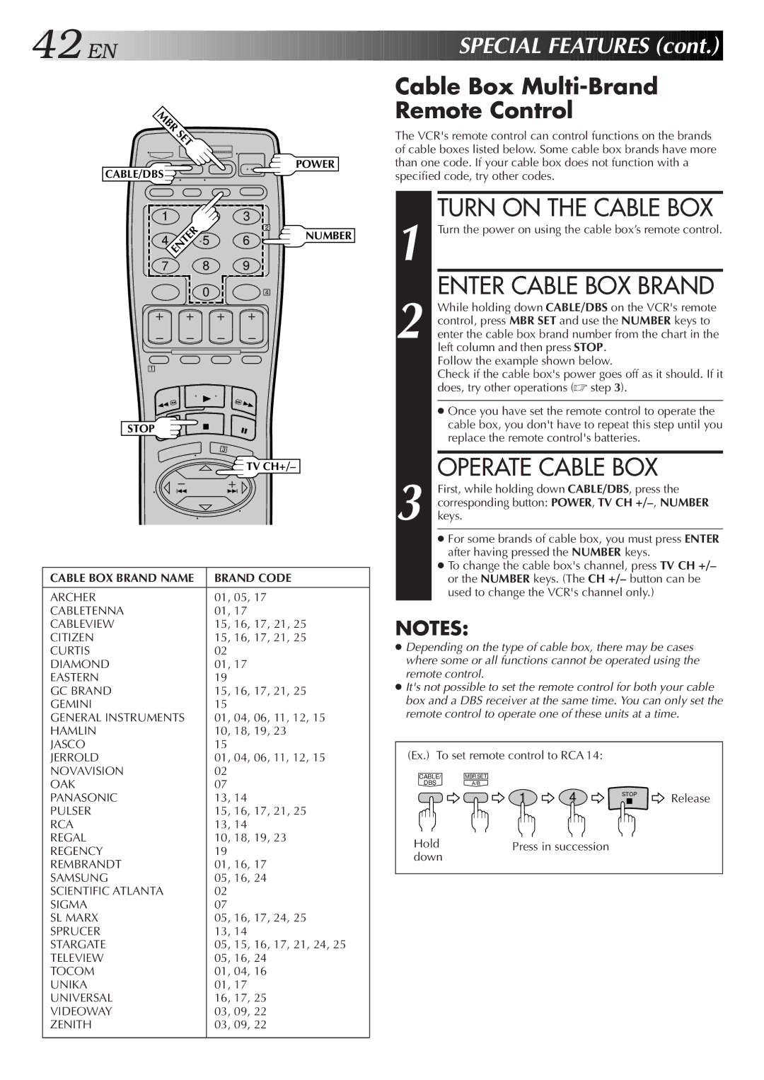 JVC HR-VP650U, HR-VP450U Turn on the Cable BOX, Enter Cable BOX Brand, Operate Cable BOX, EN Special Features 