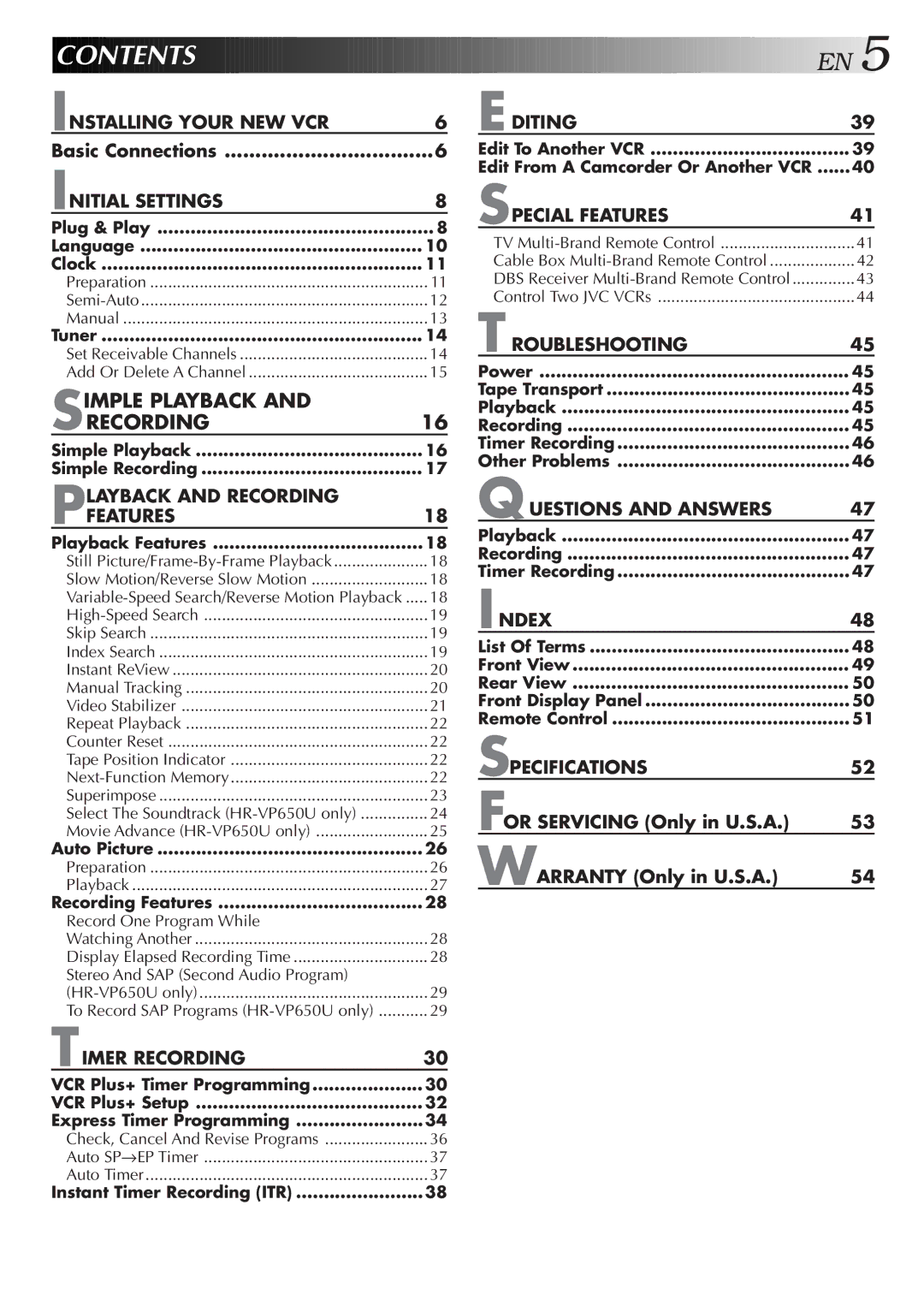 JVC HR-VP450U, HR-VP650U instruction manual Contents 