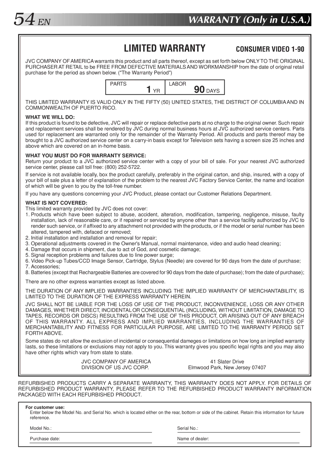 JVC HR-VP650U, HR-VP450U instruction manual Warranty Only in U.S.A, Limited Warranty 