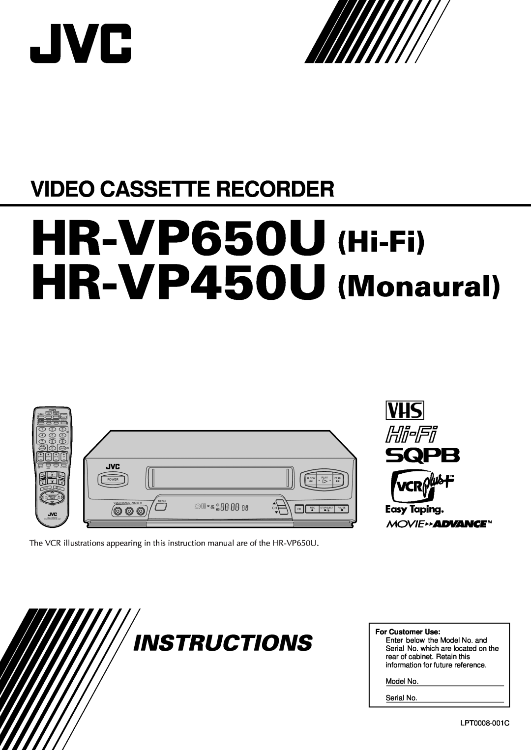 JVC instruction manual HR-VP650U HR-VP450U, Hi-Fi Monaural, Video Cassette Recorder, Instructions, For Customer Use 